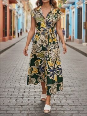 NWT Tropical Print Midi Shirt Dress XL
